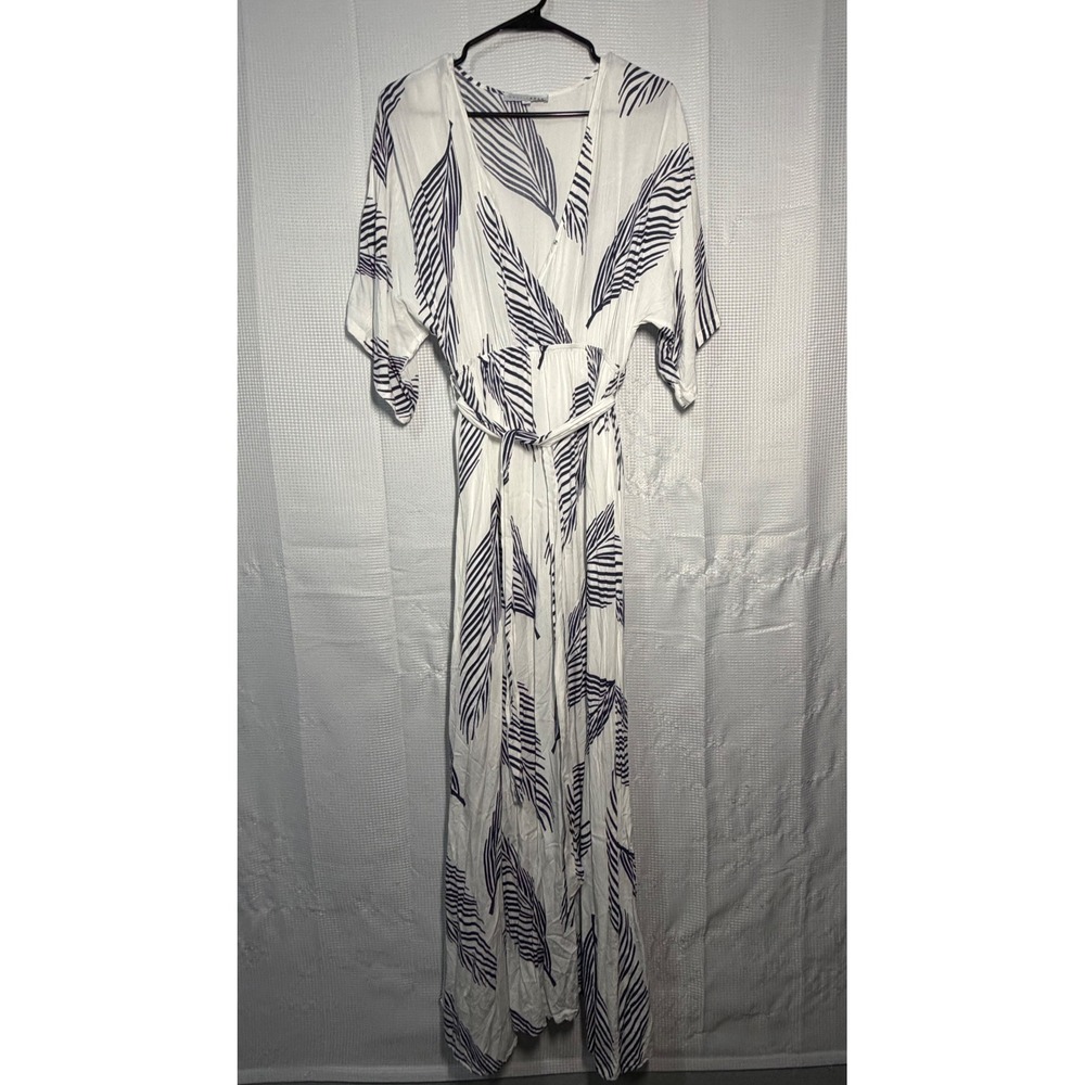 Baltic Born Maxi Dress M White Navy Palm Leaf Print Wrap Front Flutter Sleeve